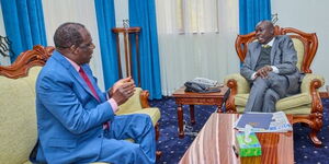 DP Rigathi Gachagua (right) hosts CS Wycliffe Oparanya at his Karen residence on Monday, August 26, 2024.