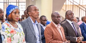 Thika MP Alice Ng'ang'a, Kiambu Governor Kimani Wamatangi, Deputy President Rigathi Gachagua at AIPCA Church in Thika on May 28, 2023. 