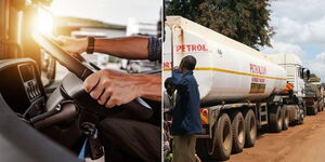 Photo collage of a driver behind the wheels and a fuel tanker in the Kenya border crossing point