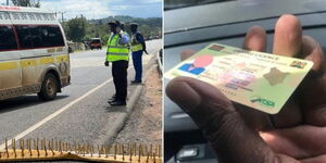 Police enforcing traffic laws in Kisumu County on April 2 (left) and a sample of the new generation Driving Licence.