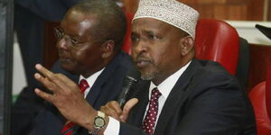 Former Majority Leader Aden Duale with his successor Kipipiri MP Amos Kimunya.