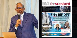 Health Cabinet Secretary Aden Duale and a screengrab of the Standard newspaper's headline on Tuesday, August 26, 2025.