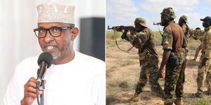 A photo collage of Defence Cabinet Secretary Aden Duale speaking during a meeting on April 11, 2023 (left) and KDF officers taking part in a training exercise on March 23, 2023 (right).