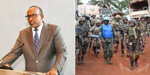A photo collage of Defence Cabinet Secretary Aden Duale addressing senators on May 5, 2023 (left) and KDF soldiers at an operation in Congo on April 28, 2023 (right). 