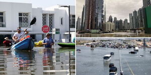A photo collage of Dubai residents using boats following ravaging floods in the desert country.