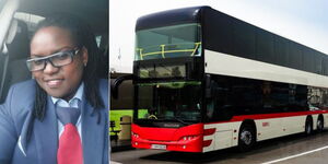 A collage image of Gladys Jepkemoi Kiprotich and the Dubai double decker bus.