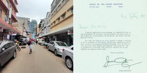 A photo of Nairobi's Dubois Road, near River Road and a letter by Jomo Kenyatta to William Edward Burghardt Du Bois in 1963.