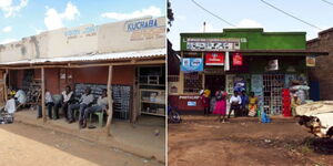 A photo collage of shops builts using the duka building design in Siaya Town (left) and Gatundu Shopping center (right). The designs were introduced in the country in the late 1890s by dukawallas.