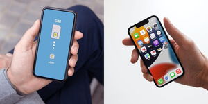 A photo collage of eSIM illustration (left) and a photo of someone holding a smartphone (right).
