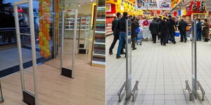 A photo collage of Electronic Article Surveillance (EAS) scanners at the entrance of supermarkets in Nairobi County.