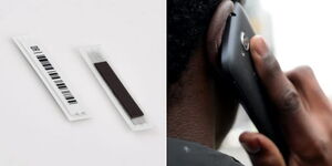 A photo collage of EAS Acousto-Magnetic labels (left) and a back view photo of someone on a phone call on May 3, 2022 (right).