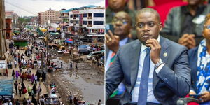 Photo collage of Eastleigh area and trading centers and Nairobi Governor Johnson Sakaja during