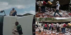 A driver watches helplessly as looters steal sodas from a trailer that had overturned along the Eastern Bypass road in Nairobi on May 19, 2023.