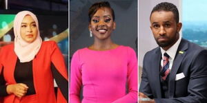 NTV news anchor Zainab Ismail(Left) NTV business news anchor Nina Shabaan(centre) and Citizen TV anchor Ayub Abdikadir(Right)