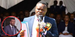 Migori Senator Eddy Oketch addressing a past gathering and an insert of Nairobi Senator Edwin Sifuna.