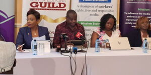 Kenya Editor's Guild President Zubeidah Kananu and Kenya Union of Journalists SG Erick Oduor among other officials addressing the media on March 13, 2023.
