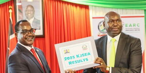 Education Cabinet Secretary Julius Ogamba (Left) alongside Basic Education Principal Secretary Julius Bitok during the release of 2025 KJSEA results.