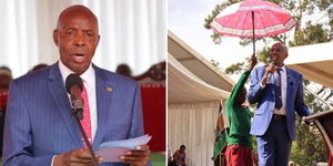 A photo collage of Education CS Ezekiel Machogu and a pupil holding an umbrella for the CS