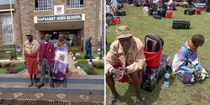 A side-by-side image of Fred Ekiru posing a photo with his parents outside Kapsabet High school and his parents waiting during the admission process. 