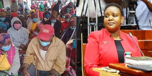 A collage of Labour CS Florence Bore and the elderly in Murang'a County awaiting disbursement of Inua Jamii Funds.