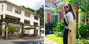A side by side image of the palatial mansion owned by business mogul Elena Kuoni and her husband.