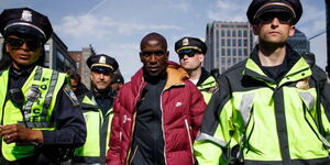 Eliud Kipchoge arrives for the Boston Marathon under tight security on Monday, April 17, 2023.