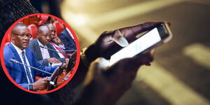 Photo collage of a person using a smartphone and ICT CS Eliud Owalo appearing before Senate on December 1, 2023.