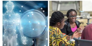 A collage photo of an AI image in healthcare alongside, DR. Elizabeth Wangia Head of Health Financing, and colleagues in a meeting 