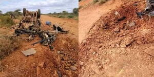 A wrecked cart and the aftermath of an area where an IED exploded in Elwak, Mandera County on April 29, 2024