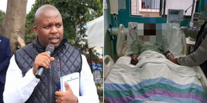 A photo collage of Embakasi West MP Mark Mwenje speaking at an event on Thursday, April 6 (left) and one of the youth shot in the Wednesday, April 5 incident being treated at the Kenyatta University Teaching, Referral and Research Hospital (right)