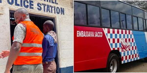 A photo collage of Embassava tout and an NTSA officer (in red reflector) at the Capital Hill Police Station on Friday, May 19, 2023, (left) and a bus belonging to the Nairobi Sacco bus (right).