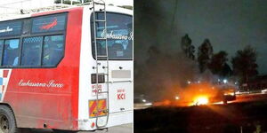 A photo collage of an Embassava sacco vehicle and a torched bus along Outering Road on May 17, 2023. 