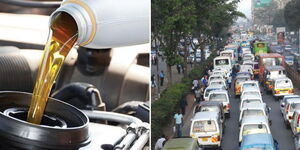 A photo collage of oil being put in a car engine (left) and traffic snarl-up in Nairobi (right).