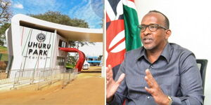 Entrance to the refurbished Uhuru Park (left) and Defence CS Aden Duale.