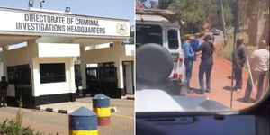 Entry to DCI headquarters along Kiambu Road (left) and detectives arrest a 74-year-old resident of Lavington, Nairobi.