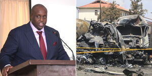 EPRA DG Daniel Kiptoo addressing the media in Nairobi in 2022 (left) and burnt vehicles at the gas plant in Embakasi.