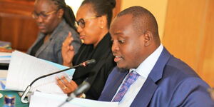 EPRA Director-General Daniel Kiptoo (right) addresses the Public and Investment Committee on Commercial Affairs and Energy on April 12, 2023. 