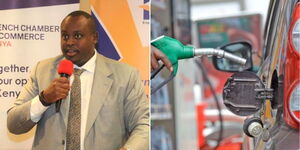 A photo of Energy and Petroleum Regulatory Authority (EPRA) Director General Daniel Kiptoo speaking at a conference in Nairobi on April 13, 2023, and an attendant holding a fuel pump.