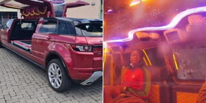 A side-by-side image of a limousine hearse (left) and an inside view of a matatu which was converted into a limo.