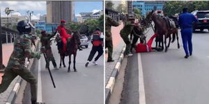 Popular Comedian Eric Omondi being dislodged from a horse by police officers during anti-tax protests in Nairobi on June 21, 2024