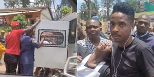 A collage of Kanjos loading traders in a van and Comedian Eric Omondi helping a woman on Wednesday, March 27, 2024. 