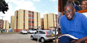 Photo collage of an apartment block in Nairobi and Governor Johnson Sakaja on May 2, 2023