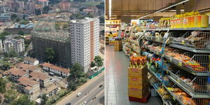 A photo collage of Pangani estate in Nairobi county (left) and supermarket shelves.