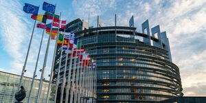 File photo of European Union Parliament with flags of different countries