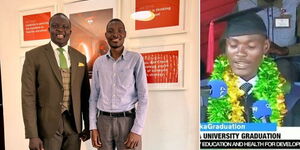 Evance Abok with former CAS David Osiany (left) and the graduate during his graduation at Chuka University in 2016.