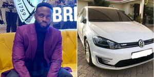 A photo collage of EVchaja CEO Iyadi Iyadi (left) and his Volkswagen car (right).