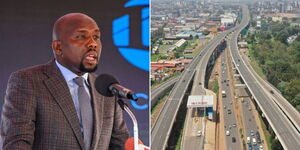 A photo collage of CS Kipchumba Murkomen speaking at an event in Nairobi on December 20, 2023, and the Nairobi Expressway.