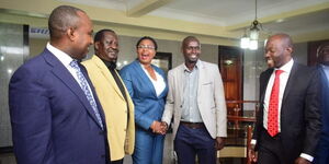 From Left; Suna East MP Junet Mohammed, ODM Leader Raila Odinga, Malindi MP Aisha Jumwa, Kibra MP Imran Okoth, and Saboti MP Caleb Amisi at Jumwa's office in Parliament buildings on Tuesday, October 1, 2019.
