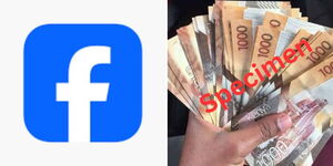 Collage image of the Facebook Logo and a person holding Kenyan Shillings 