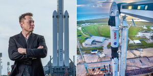 A photo collage of SpaceX founder Elon Musk (left) and a Falcon 9 Rocket being readied for launch